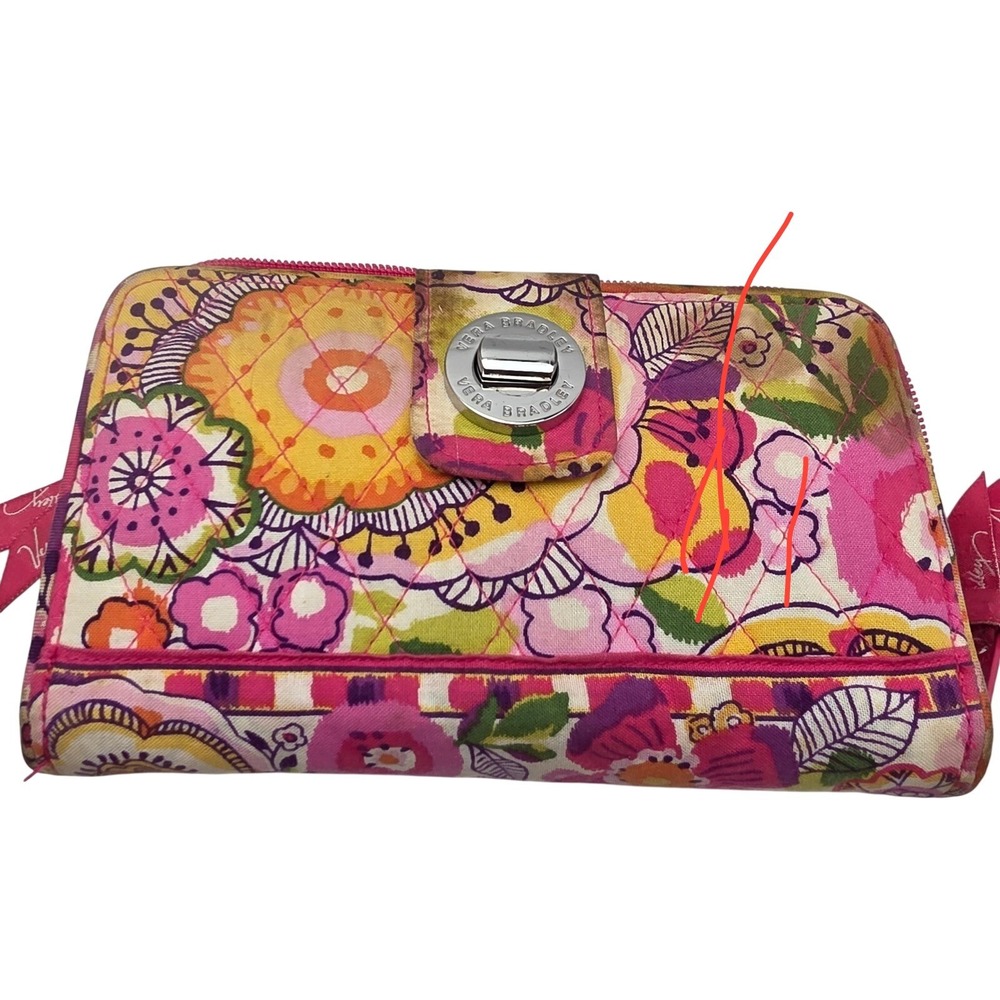 Vera Bradley Lilli Bell Turnlock Wallet Quilted Floral Pink Orange Cotton